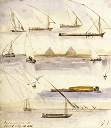 Studie van verschillende Egyptische boten (Dahabeeyahs en Gyassis), met een scène voor de piramides van Gizeh (Caïro) in het midden van de pagina