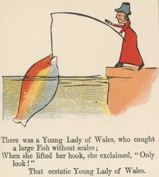 Er was een Jonge Dame uit Wales, die een grote Vis zonder schubben ving, uit 