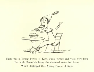 Er was een jong persoon van Kew, wiens deugden en ondeugden waren weinig