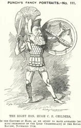 Punch cartoon: Hugh Childers, Engelse liberale politicus (gravure)