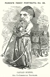 Punch cartoon: Richard Burton, Engelse ontdekkingsreiziger, geograaf en diplomaat (gravure)