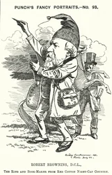 Punch cartoon: Robert Browning, Engelse dichter en toneelschrijver (gravure)