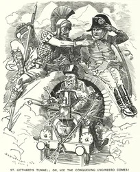 Punch cartoon: voltooiing van de St Gotthard-spoortunnel onder de Alpen