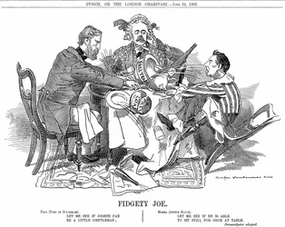 Coalitieregering. De hertog van Devonshire en Arthur Balfour, in het midden, proberen Joseph Chamberlain, leider van de kleinere partij in de coalitie, in bedwang te houden. In september 1903 trad hij af om vrijelijk voor zijn tariefhervormingen te kunnen