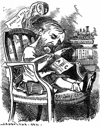 Evelyn Ashley (1836-1907) Engels auteur en liberaal politicus: zoon van de 7e Graaf van Shaftesbury. Cartoon door Edward Linley Sambourne in de Fancy Portraits-serie uit Punch Londen april 1881 toen Ashley ondersecretaris was bij de Board of Trade.
