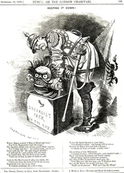 In bedwang houden. Otto von Bismarck (1815-1898), Duits rijkskanselier, probeert de boer van het socialisme terug in zijn doos te dwingen. Het onderschrift vertelt hem dat iedere daad van repressie als een elixer werkt op het menselijke verlangen naar