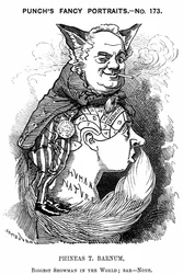 Phineas Taylor Barnum (1810-1891) Amerikaanse showman: mede-oprichter van Barnum en Bailey circus. Edward Linley Sambourne cartoon uit Punch London 1884 in de Fancy Portraits serie toont Barnum als een sluwe vos die de frenologische bult van goedgelovighei