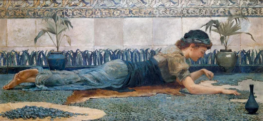 "Blue Mosaic" Een jonge vrouw in een antieke omgeving ligt op de vloer en bedekt de grond met mozaïek. Schilderij van Edward Matthew Hale (1852-1924) (pre-raphaeliet)