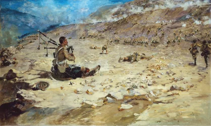 Piper George Findlater (1872-1942) van de Gordon Highlanders verdient het Victoria Cross bij Dargai in 1897, 1898