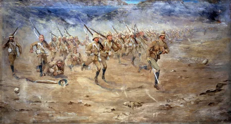 Terugkeer van de Voor- en Achterhoede, Gloucestershire Regiment oprukkend naar de aanval, India Noordwestelijke Grens, 1897