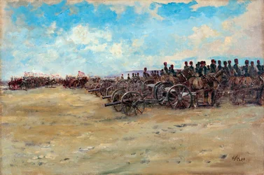 Royal Horse Artillery en Lancers wachten om te vertrekken, 1898