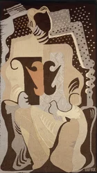 Een wandtapijt met een zittende vrouw met een duif op haar schoot