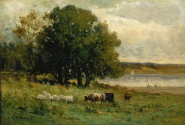 Zonder titel (vee bij rivier met zeilboot in de verte)