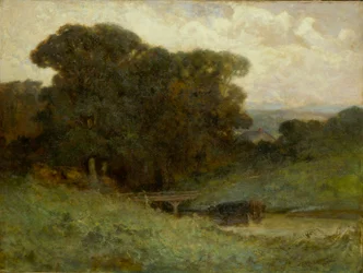 Zonder titel (bosgezicht met brug, koeien in beek op voorgrond)