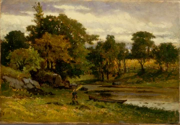 Zonder titel (landschap, boot aangemeerd bij beek, man loopt op voorgrond)