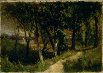 Zonder titel (landschap, bosgezicht met rood hek en gebouw)