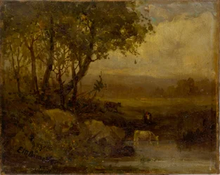 Zonder titel (landschap, rivieroever, drie koeien)