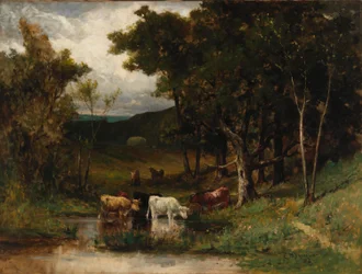 Zonder titel (landschap met koeien in beek bij bomen)