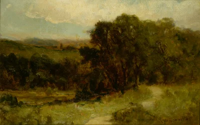 Zonder titel (landschap met weg bij beek en bomen)