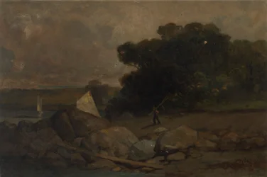 Zonder titel (landschap met rotsen, man en zeilboten)