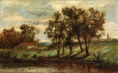 Zonder titel (man met grazende koeien bij vijver met huis en bomen op achtergrond)