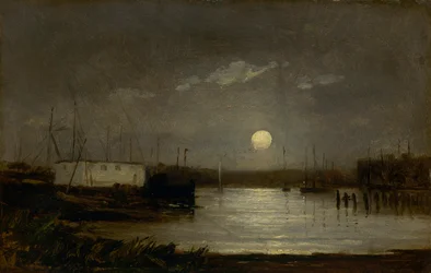 Zonder titel (maan boven een haven, werfscène met volle maan en masten van boten)