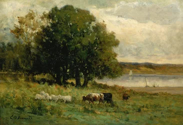 Ongetiteld vee bij rivier met zeilboot in de verte, n.d.