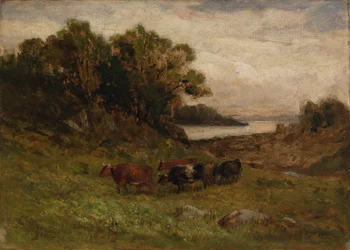 Zonder Titel vijf koeien grazend met bomen en rivier op de achtergrond