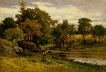 Landschap zonder titel, boot afgemeerd bij een beek, wandelende man op de voorgrond, 1879.