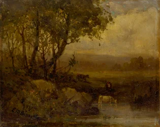 Naamloos landschap, rivierbank, drie koeien