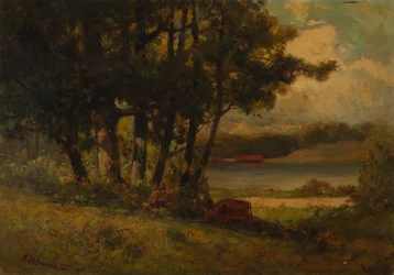 Naamloos landschap met grazende koeien bij rivier, 1891