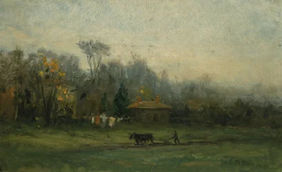 Naamloos landschap met man die velden ploegt, n.d.