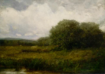 Naamloos landschap met ossen en hooiwagen die brug oversteken