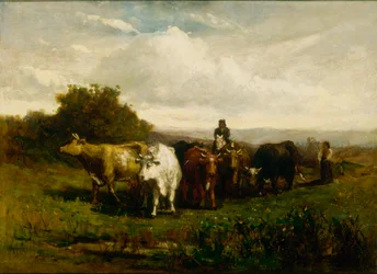 Ongenoemde man te paard, vrouw te voet die vee drijft