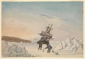 Een schip vast in het ijs met twee bemanningsleden die het schip in het ijs vastzetten met vier bevestigingen
