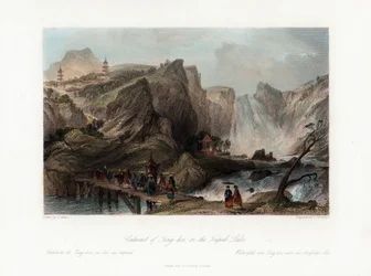 Waterval van Ting-hoo, aan het Tripodmeer, China, circa 1840