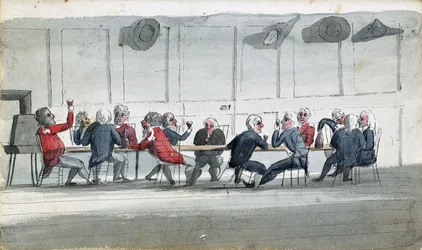 De officiersmess, een cartoon met marineofficieren die samen wijn drinken
