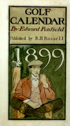 Golfer zittend bij clubs, tekening in waterverf. (1899?) door Edward Penfield 1866-1925, Amerikaanse kunstenaar.