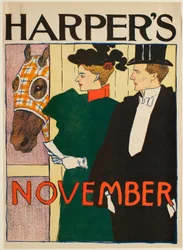 Dame en heer buiten een paardenstal, november Harper