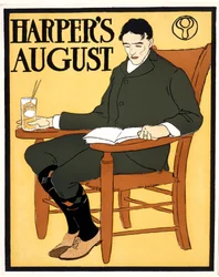 Zittende man op oranje stoel, bij August Harper