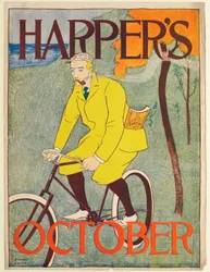 Man in geel pak op een fiets, Harper
