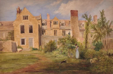 In Nottingham (achterkant van stenen gebouwen met vrouw, hond en tuinwals)