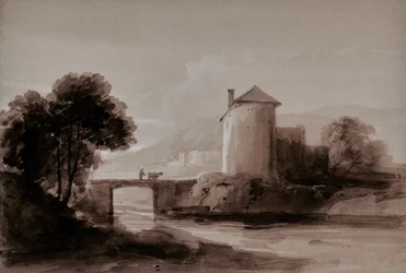 Landschap met man en koe op een brug