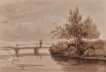 Rivierscène met houten brug en figuur