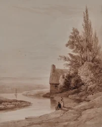 Waterschapslandschap met figuren en een kleine boot