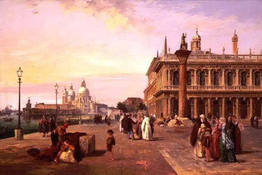 Figuren op de Piazzetta, Venetië met Salute op de Achtergrond