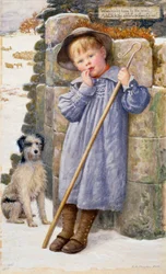 "Dick de herder" Een kleine herder met zijn vingers in zijn mond, in een kiel. Schilderij van Edward Robert Hughes (1851-1914) (pre-raphaeliet) 1902 Privécollectie