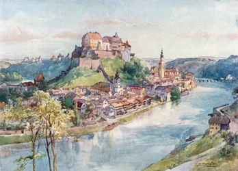Burghausen aan de Salzach (kleurenlitho)