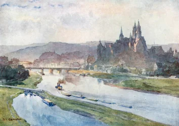 Meissen vanaf de Elbe (kleurenlitho)