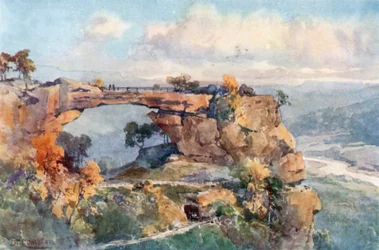 Rotslandschap (Prebisch-Thor) in Saksisch Zwitserland (kleurenlitho)